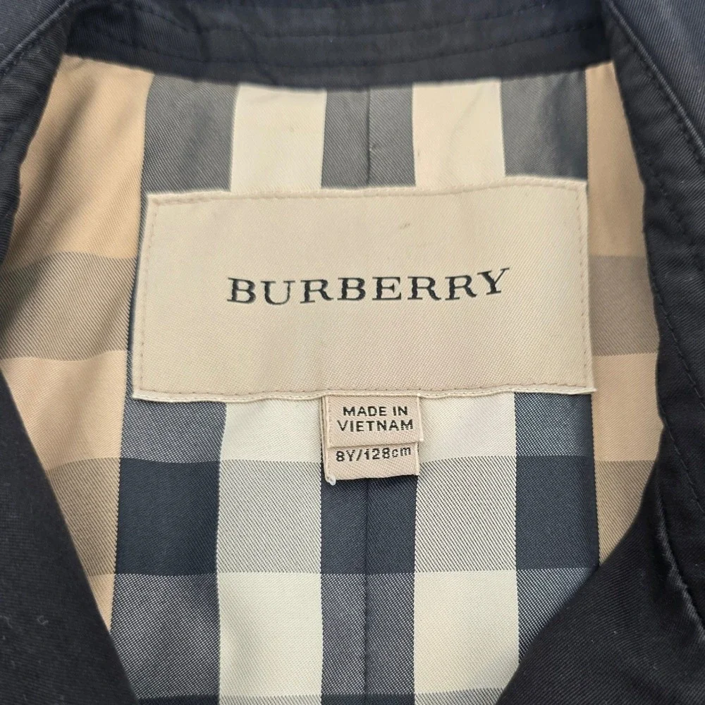 BURBERRY TRENCH COAT KIDS SIZE 8 YOUTH BLACK DOUBLE BREASTED NOVA CHECK LINING